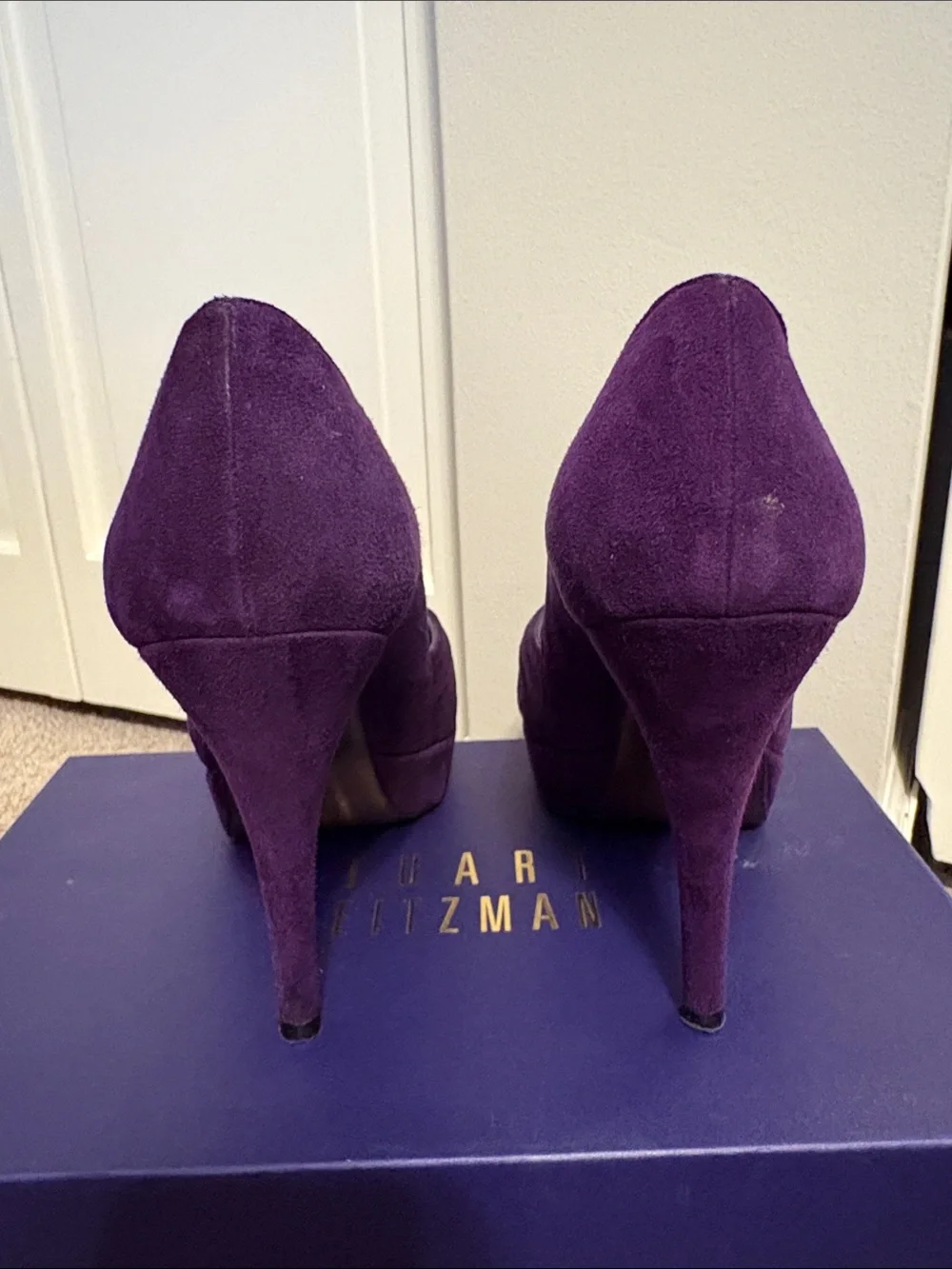 Stuart Weitzman Eggplant Purple Suede Peep-Toe Heels Women 8 - Picture 7 of 13
